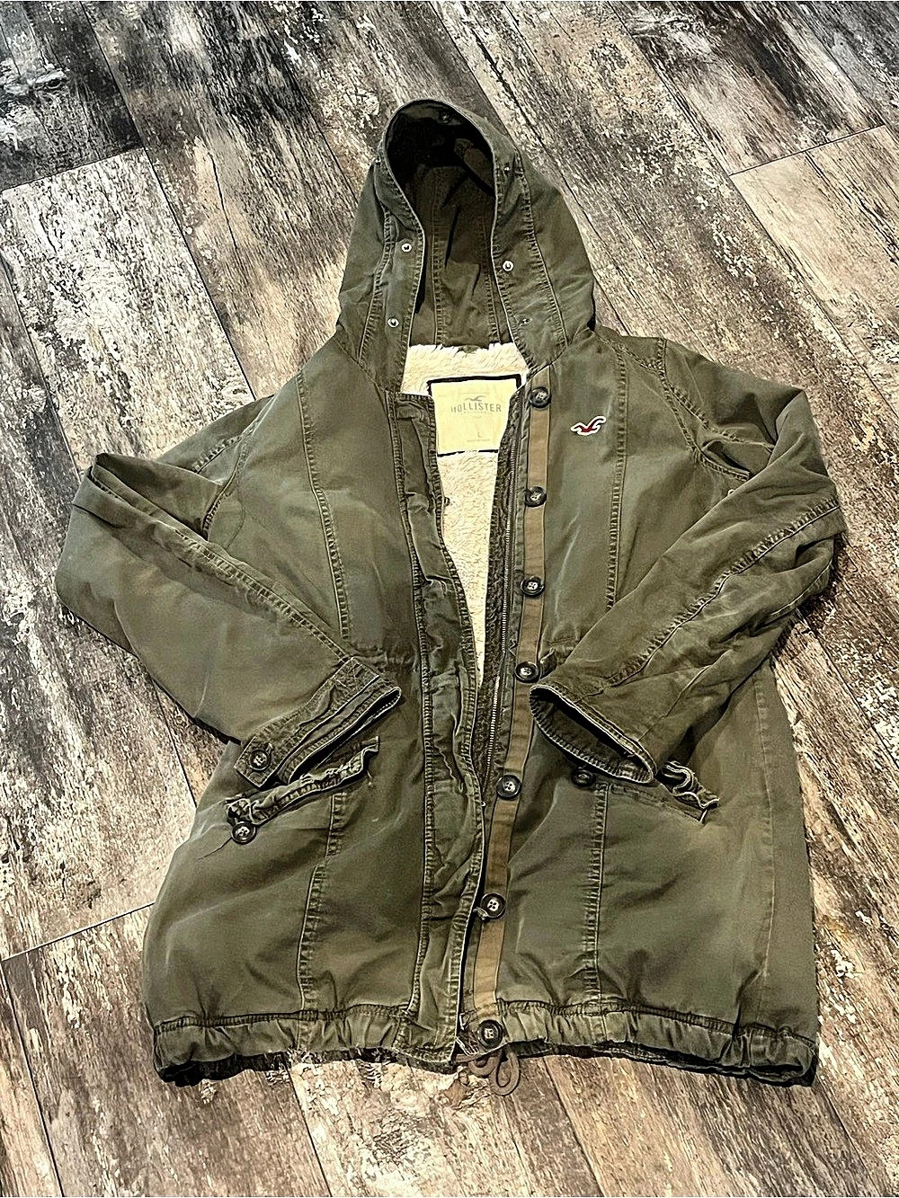 Hollister Sherpa Lined Parka Jacket Green & Cream Size Large